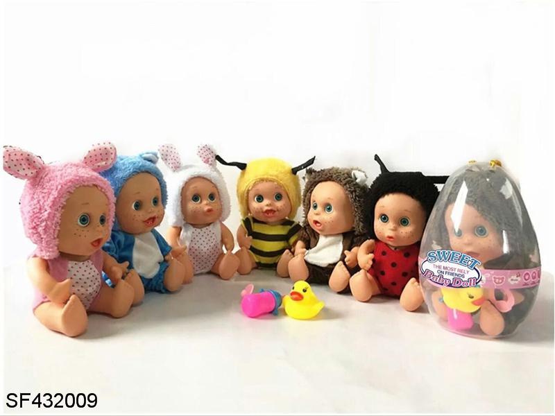 10寸塑料实身搪胶手脚3D眼珠带音乐椰树动物娃娃带奶瓶/搪胶小鸭/奶嘴(6款混装)