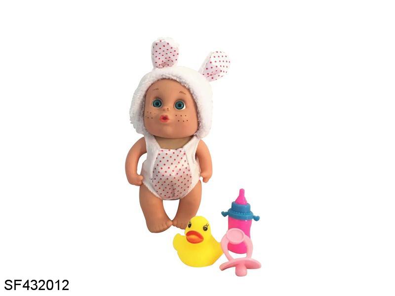 10寸塑料实身搪胶手脚3D眼珠带音乐椰树动物娃娃带搪胶小鸭/奶嘴