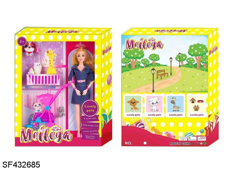 11.5寸11关节实身芭比带婴儿推车狗宠梅花小鹿小猫