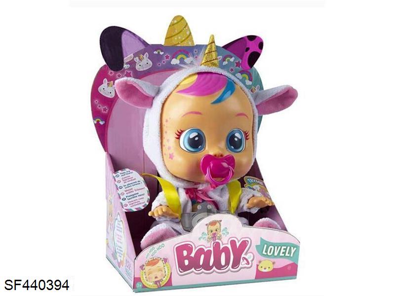 14寸独角兽搪胶哭泣娃娃带4声音乐/奶嘴/流泪功能