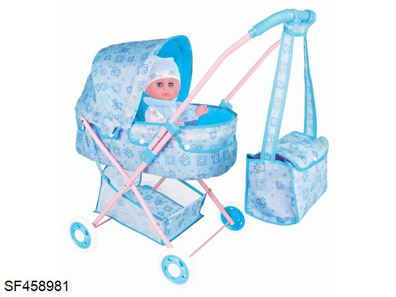婴儿遮阳手推车+储物篮+手提包+14寸头公仔(铁)EVA轮