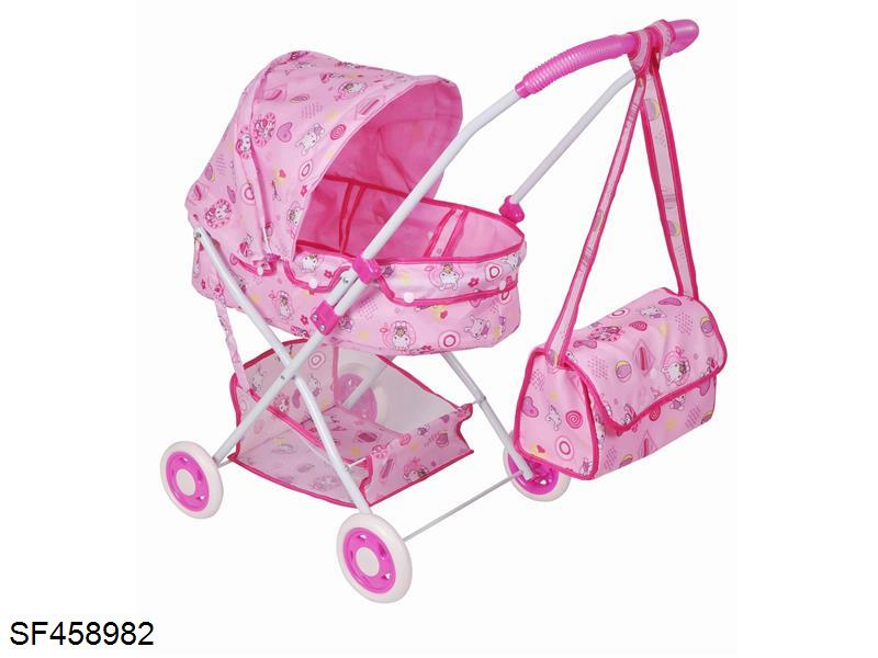婴儿遮阳手推车+储物篮+手提包 (白铁管)EVA轮