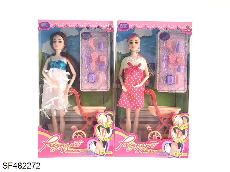 11寸11关节孕妇芭比带婴儿推车/美发工具(肚皮可翻动)4款混装