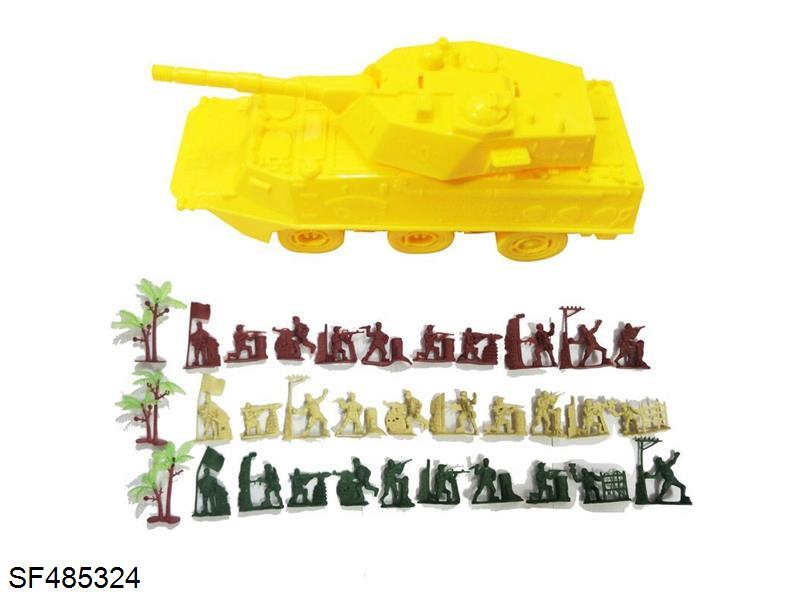 惯性装甲坦克车1只+30只军人兵人+3颗树，军事模型套装