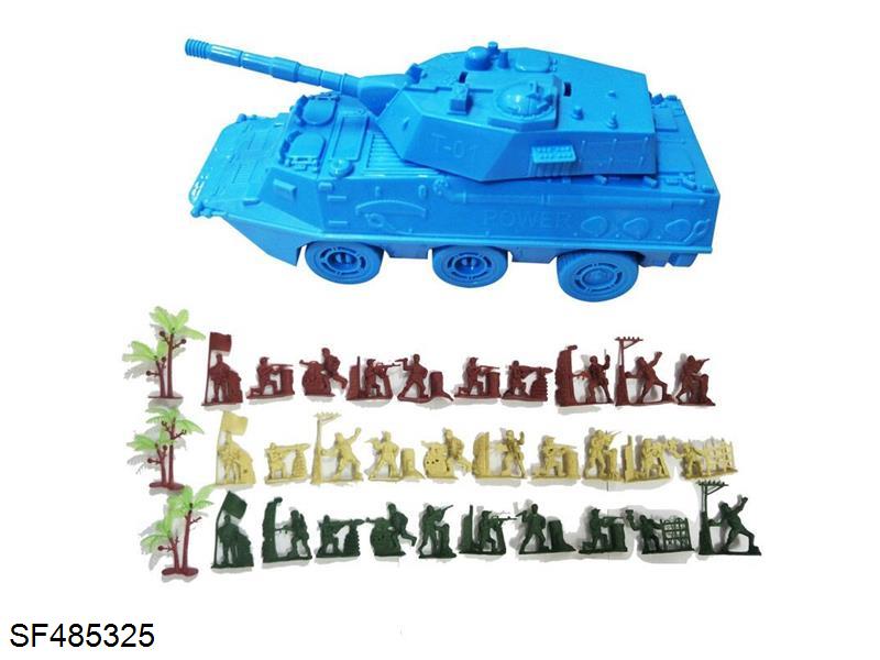 滑轮6轮装甲坦克车1只+30只军人兵人+3颗树，军事模型套装
